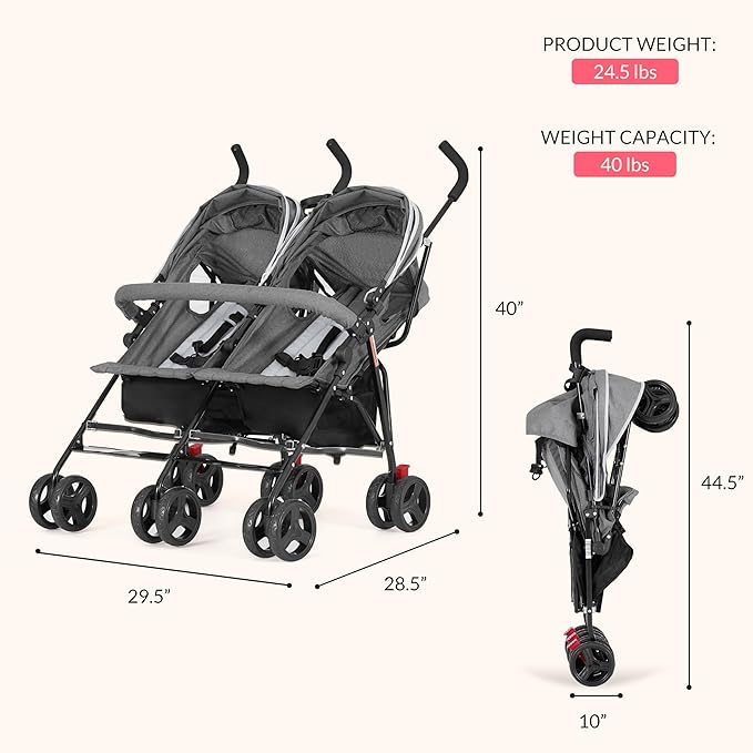 Dream On Me Volgo Twin Umbrella Stroller in Gray, Lightweight Double Stroller for Infant & Toddler, Compact Easy Fold, Large Storage Basket, Large and Adjustable Canopy