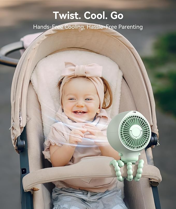 Dreamegg Portable Stroller Fan - 4000mAh Rechargeable Baby Stroller Fan With LED Display, Night Light, Hidden Blade, Detachable 4 Speed 360ยฐRotate, Handheld Cooling for Crib,Travel, Car Seat(Green)