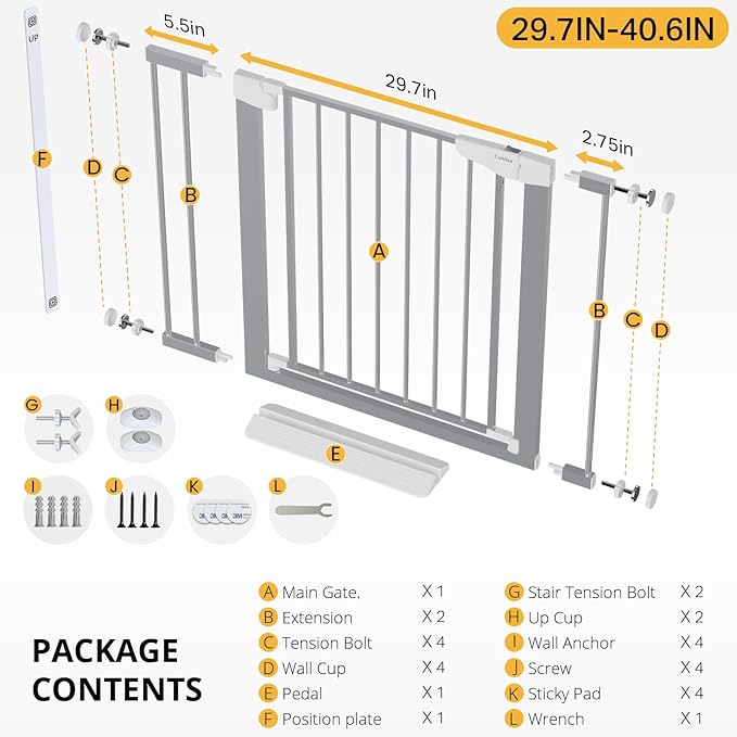 Cumbor 29.7"-40.6" Baby Gate for Stairs, Mom's Choice Awards Winner-Dog Gates for Doorways, Pressure Mounted Auto-Close Pet Gates for Dogs Indoor, Safety Child Gate with Easy Walk Thru Door, Gray