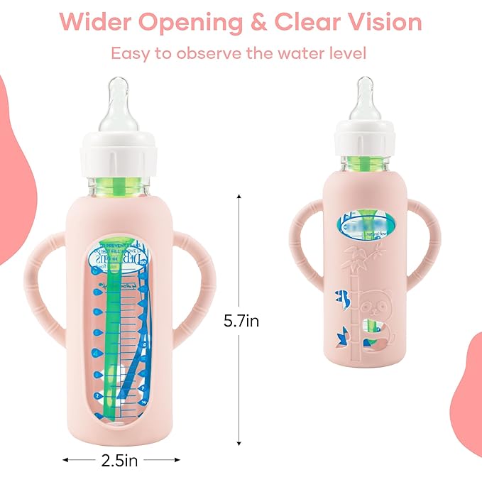 2 Pack Silicone Sleeves for Dr. Brown's Glass Baby Bottles, Anti Breakage Durable Baby Bottle Holder with Easy Grip Handles, Narrow Sleeve with a Cutout, Dishwasher/Freezer/Microwave Safe, 8 oz