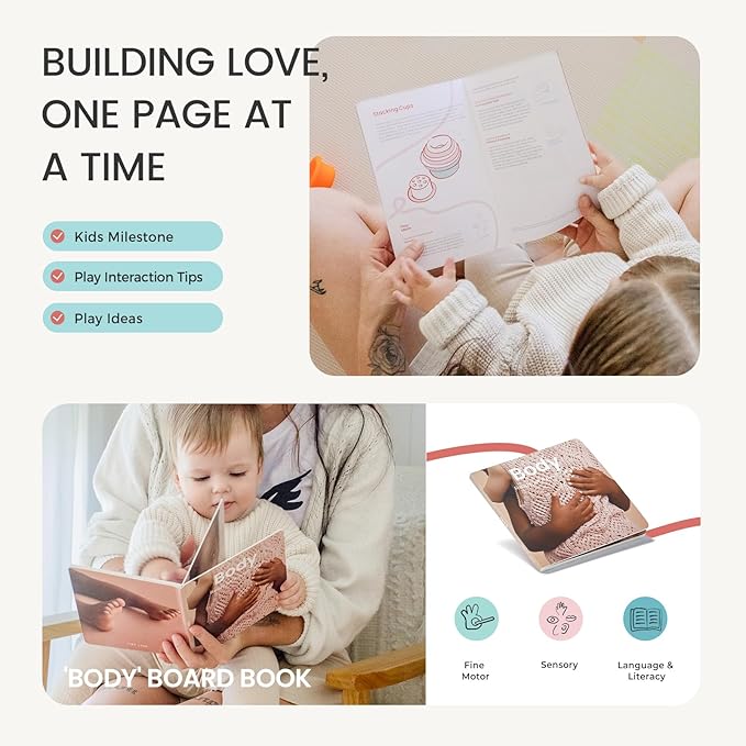 Tiny Land Montessori Toy Set for Babies 7-9 Months Senser Play Kit - 5-in-1 Wooden Learning Toys with Object Permanence Box, Sensory Ball, Stacking Cups and Mirror Puzzle,Body Board Book