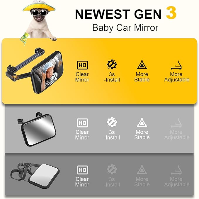 Baby Car Mirror, Stretchable 360° Caring Baby Mirror for Car Seat Rear Facing Seat Infant Shatterproof, Baby Essentials for Newborn, Crash Tested and Certified