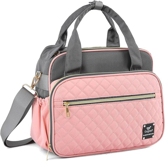 Crossbody Small Diaper Bag, Cute Mini Baby Diaper Tote Bags with Insulated Pockets for Traveling Outdoor Parent, Pink & Gray