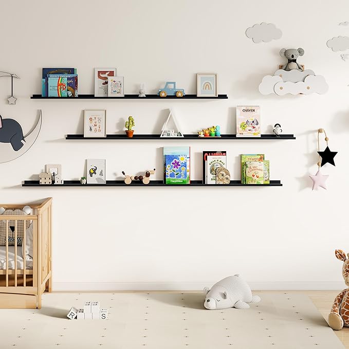 Floating Picture Ledge Shelves for Wall Set of 2, 84 Inches Picture Ledge Shelf with Long Large Nursery Book Shelf for Toys Storage Kids Bookshelf Wall Mounted Living Room Bedroom Decor Frames, Black