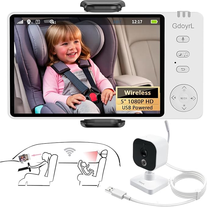 Wireless Baby Car Camera Monitor 5" HD 1080P IPS, 360° Rotating Camera with Auto/Manual Night Vision, 1000ft Range, Anti-Glare Display & USB Charging for Backseat, Home, Travel,Camping