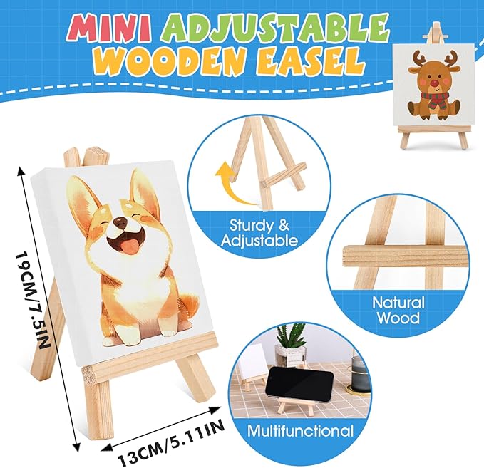 ESRICH 8 Set Mini Acrylic Paint Kit,5in Mini Stretched Canvas with 7.5in Easel,Acrylic Paint Strips,Paint Palettes,Painting Brushes, Small Canvas and Easel Set for Kids Artists Beginner,Gift