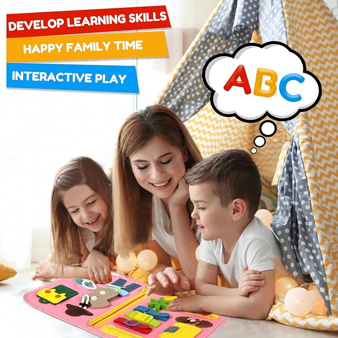 Qizfun Busy Board Book Montessori Toys for 1 2 3 4 Year Old, Girl Birthday Gifts, Educational Sensory Learning Toy for Toddlers 1-3, Car Airplane Travel Activities Toys for Kids Ages 2-4 Year Old