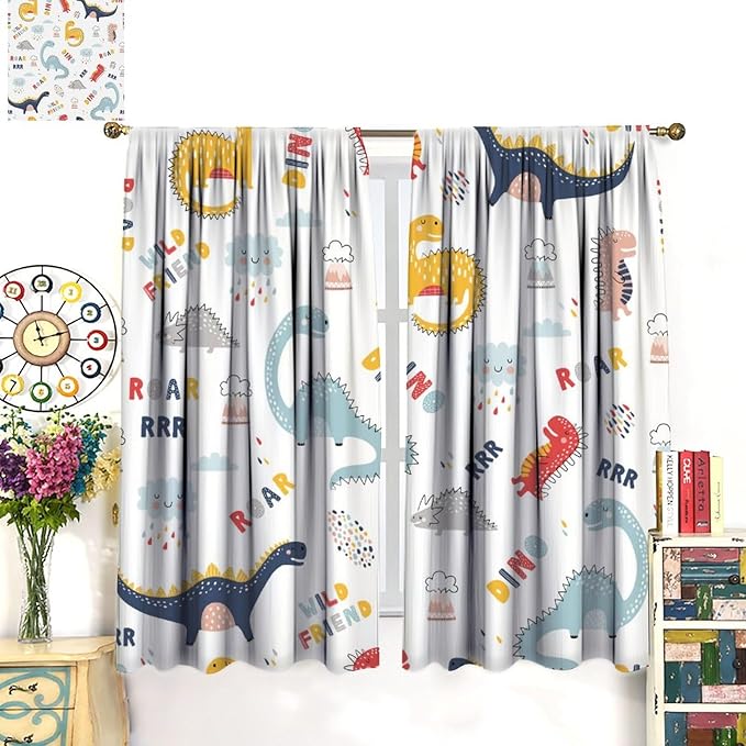 Cartoon Dinosaur Curtains for Kids Boys Girls Home Decor Colorful Cute Dino Animals Print Pattern Rod Pocket Blackout Window Drapes for Nursery Baby Bedroom Playroom W21xL45in 2 Panels