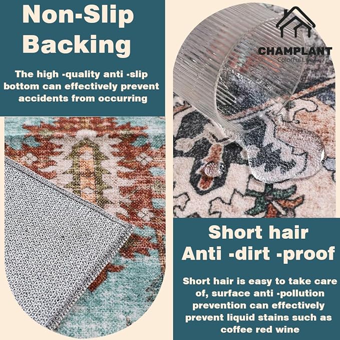 Green Area Rug 10'x14' Washable Vintage Traditional Mat Distressed Indoor Foldable Thin Retro Accent Floral Print Rug Non Slip Carpet for Living Room Dining Room Office