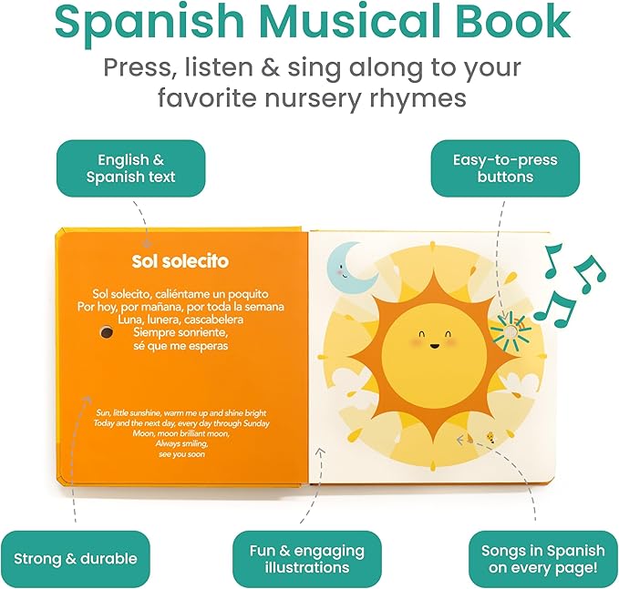 Binibi Spanish Musical Book for Toddlers Sol Solecito & Other Nursery Rhymes | Spanish Learning for Kids | Bilingual Children's Sound Book | Libro en espaรฑol para bebรฉs
