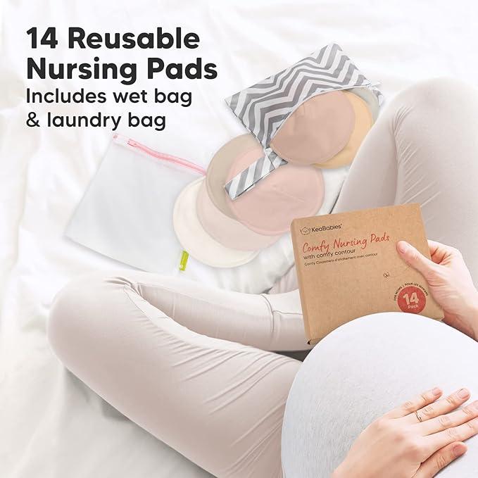 Organic Nursing Pads - 14 Washable Viscose Derived from Bamboo Breastfeeding Pads, Wash Bag, Reusable Breast Pads for Breastfeeding, Nipple Pads for Breastfeeding Essentials (Neutrals, XL 5.5")