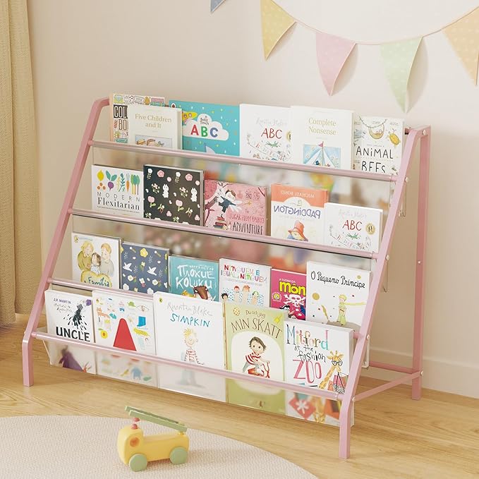 High-Transparent 4 Tier Kids Bookshelf, Sturdy Metal Large Size Book Rack Storage for Kids - Toddler Book Shelf Display for Nurasery, Playroom or Kids Room, Bookshelf Hold More Books - Pink