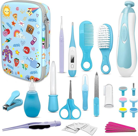 JIFTOK Baby Healthcare and Grooming Kit, 30 in 1 Baby Electric Nail Trimmer Set, Newborn Nursery Care Kit, Baby Essentials Set with Hair Brush Comb, Nail Clippers for Infant Toddlers Boys Girls (Blue)