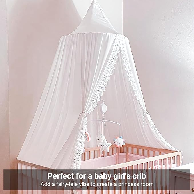 OldPAPA Kids Bed Canopy with Pom Pom Hanging Mosquito Net for Baby Crib Nook Castle Game Tent Nursery Play Room Decor,White