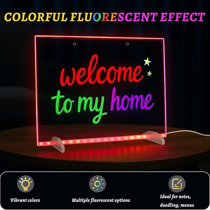 LED Drawing Board with Colors –13.7x9.84 Inch Acrylic Light-Up Message Board, Includes 7 Markers, Adapter, Stand, Hanging Chain, Soft Cloth, Spray Bottle, for Home, Office, Kitchen, and Bedroom