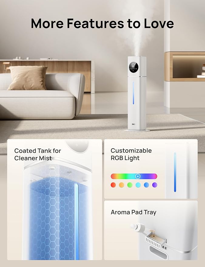 Dreo 11L Smart Humidifier Large Room 700 ft², 100H Cool Mist Air Humidifiers for Bedroom, Top-Fill Self-Cleaning Tank, 26dB, Auto Mode, Aroma Box, RGB Light, Remote & APP Control, Baby, Plant, Silver