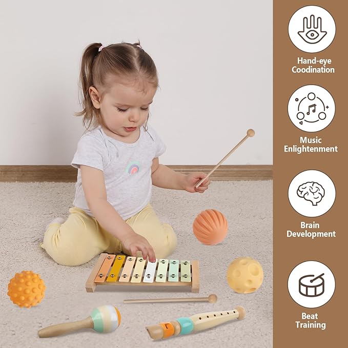 Baby Toys 6-12 Months Montessori Toys for Babies 9 Months,Wooden Musical Instruments Toy Stacking Building Blocks,Infant Teething Toys Sensory Balls,Xylophone,Birthday Gift for Toddlers 1+ Year Old