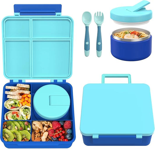 Bento Lunch Box with 8oz Soup Thermo, Kids Leakproof Lunch Food Containers with 4 Compartment, Kids Thermo Insulated Hot Food Jar for School, Trvael(Blue