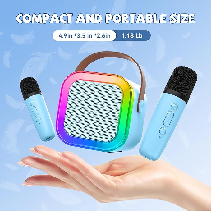 【2025 Newest】 Mini Karaoke Machine for Kids Girls & Boys - Portable Bluetooth Speaker with 2 Wireless Microphones - Kids Birthday Gifts for Ages 4-10 - Kids' Instrument Accessories - Blue