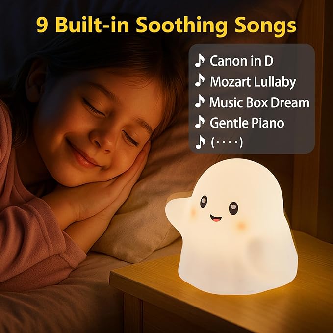 Halloween Ghost Night Light RGB โ Touch Night Light for Kids, Rainbow Color-Changing,30-Min Timer,Sounds & Sleep Music, Squishy Silicone, USB Rechargeable, Nursery Decor, Ghost Light Decor