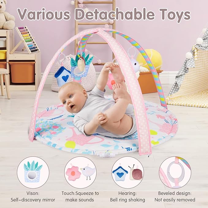 Activity Gym, Baby Play Gym Mat for Toddlers, 0-18 Months Tummy Time Play Mats, Infant Play Gym with Detachable Toys for Sensory Exploration and Motor Skill Development, PM2407