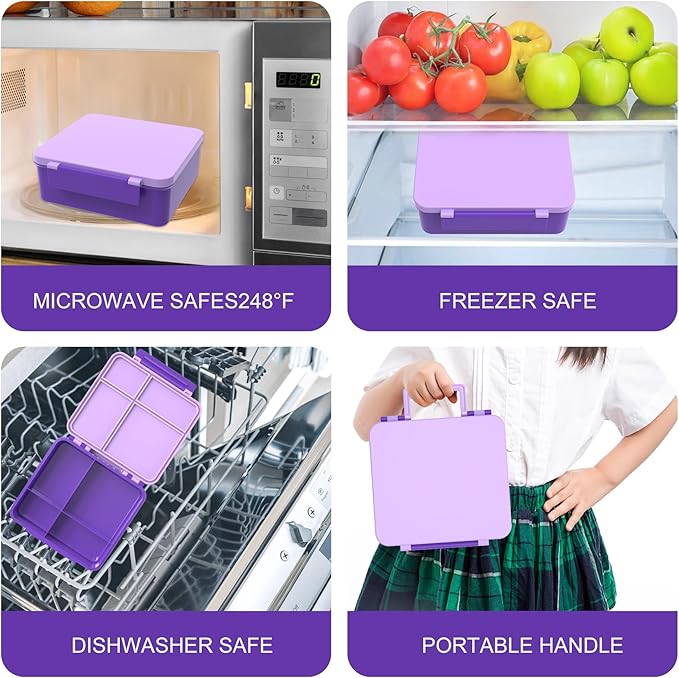 Bento Lunch Box with 8oz Soup Thermo, Kids Leakproof Lunch Food Containers with 4 Compartment, Kids Thermo Insulated Hot Food Jar for School, Trvael (Purple)