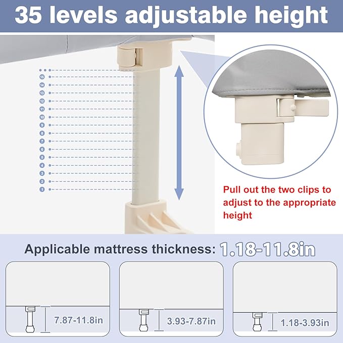 Ciilee Baby Bed Rail for Toddlers Portable Travel Kids Beds Guard Rails for Queen Bed Foldable Children Side Railing for Twin Beds Adjustable Bedrail Barandas para Camas de Niños(Grey,48in