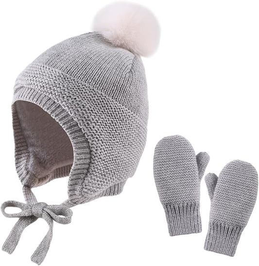 Basic Winter Baby Beanie Gloves Boys Girls Knitted Hat Pompom Kids Earflap Hats Warm Infant Toddler Beanie Mittens Set