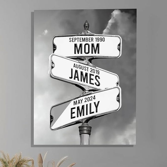 Personalized Gifts for Mom Family Names Street Custom Multi-Name Date of Birth Vintage Street Sign Happy Mothers Day Canvas Wall Art Best Christmas Gifts for Mommy from Daughter Son Children Kids #1