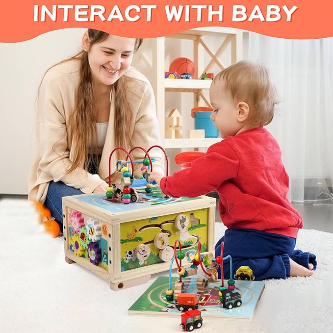 Wooden Activity Cube 7-in-1 Montessori Toys for 1+ Year Old Boys Girls Educational Learning Toys for Toddlers Age 1-2 One Year Old First Birthday Gift Bead Maze Magnetic Trains Track Shape Sorter