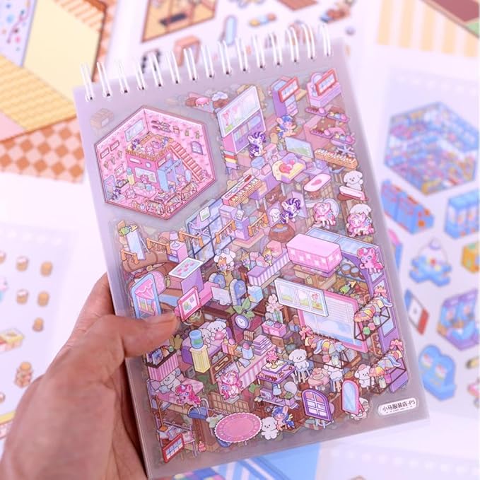 20 Sets DIY 3D Sticker Scenes for Adults with Tweezer, Kawaii 3D House Miniature Sticker Therapy, Make Your Own Mini Room Scene Collection Book for Adult Kids Relief Stress Pass The Time