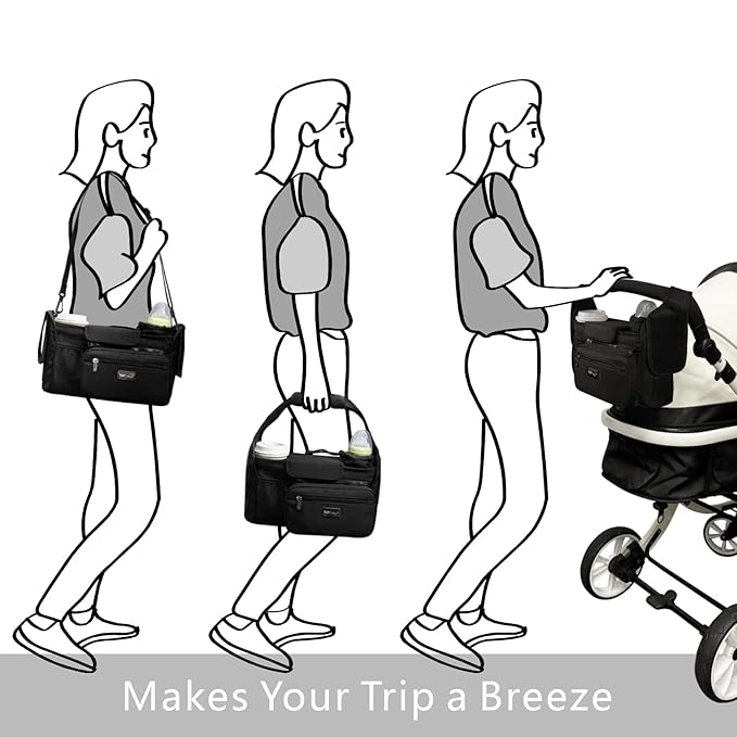 TOPDesign Universal Baby Stroller Organizer, Stroller Caddy with Heightened Insulated Cup Holders & Non-Slip Secure Hooks Accessories, Fits Most Strollers, Machine Washable (Black)