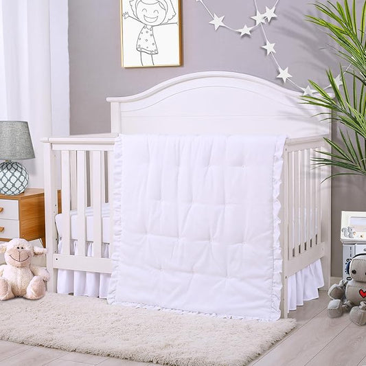 Cloele 3 Pieces Baby Crib Bedding Set- Solid Ruffle Quilted Set Includes Comforter Fitted Sheet Crib Skirt for Boys and Girls - Cute Ruffled Nursery Crib Standard Size Baby Bedding Set White