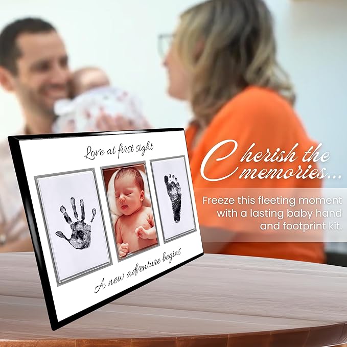 Baby Hand and Footprint Kit with Photo & Birth Details, Inkless Hand and Footprint Kit, Newborn Keepsake Plaque, Baby Shower Gifts (STYLE 2 (Baby Shower) (Love At First Sight))