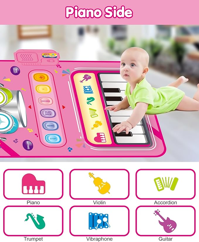 Toys for 1 Year Old Girl Gifts, Baby Musical Mat with Piano & Drum, Adjustable Volume, 12-18 Months Toddler Toys, Christmas Birthday Easter Gifts for 1-2 Year Olds Boys Girls (Pink)