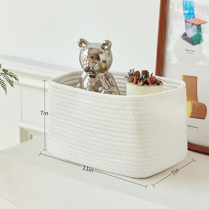 Small Cotton Rope Storage Basket Set of 3-11"x7"x7" Perfect Woven Baskets for Storage, Ideal Storage Baskets for Organizing Toys, Towels, and More - Baskets for Shelves and Home Decor(White)