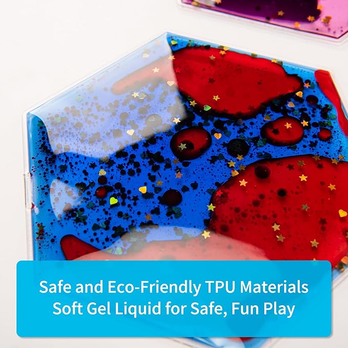 Art3d Hexagon Sensory Fidget Liquid Motion Tiles for Kids, Toddler, Teens - Interactive Soft Gel Liquid Play Mats for Home, Schools, Playrooms, Multi-Pack of 3 Tiles