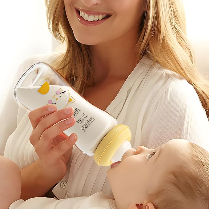 YOHKOH Natural Glass Baby Bottle with Natural Response Nipple, Newborn Anti-Colic Baby Bottles, Wide Neck Mushroom Cap Baby Bottle, Clear (8.8ounce (Pack of 2), Yellow1)