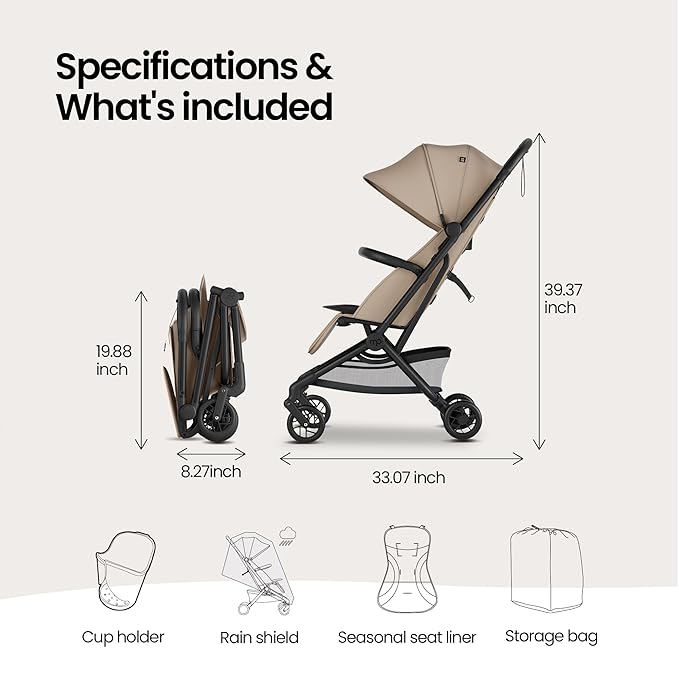 Mompush Velo Lightweight Travel Stroller – One-Hand Fold, Ultra-Compact & Airplane Friendly, Lie-Flat Recline Seat (from Birth to 50 lbs), Includes Cup Holder, Shoulder Strap, and Leather Bumper Bar