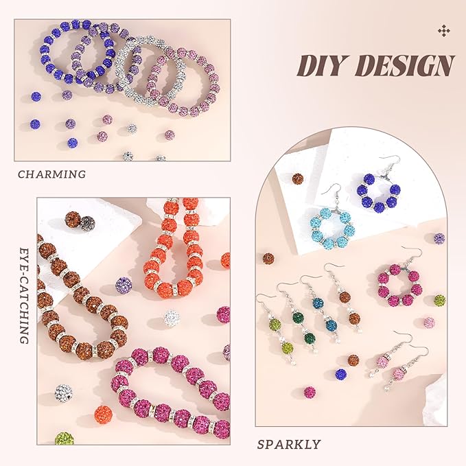 105pcs 10mm Rhinestone Beads for Jewelry Making, Black Mixed Shiny Round Disco Ball Beads Bulk, Sparkle Crystal Clay Christmas for Bracelet Baseball Necklace Earring Crafting and DIY