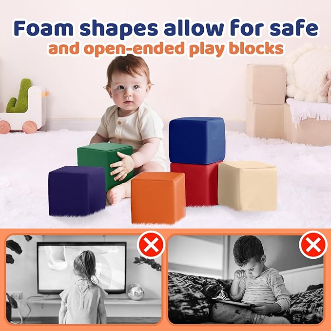Foam Building Toys for Toddlers: 6Pcs Waterproof PU Leather Soft Foam Blocks - Colorful Large Stacking Blocks - Early Learning Construction Play Set for Kids Indoor Birthday Gift Preschool (Rainbow)