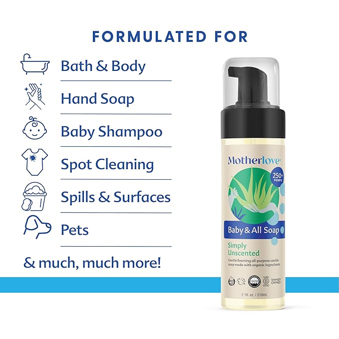 Motherlove Baby & All Soap (7.1 oz) Gentle Foaming All-Purpose Castile Soap Made with Organic Ingredients – Simply Unscented
