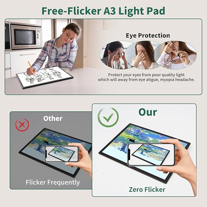 HIUKCOLED A3 Built-in Tilt Stand Light Tracing Box, 6-level&Stepless Dimmable Adjustable Brightness Light Pad with 3 Colors,Battery Powered LED Light Board for Drawing,Diamond Painting,Sketching,X-Ray