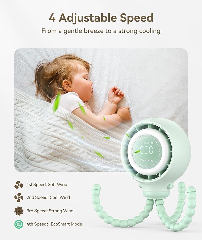 Dreamegg Portable Stroller Fan - 4000mAh Rechargeable Baby Stroller Fan With LED Display, Night Light, Hidden Blade, Detachable 4 Speed 360ยฐRotate, Handheld Cooling for Crib,Travel, Car Seat(Green)