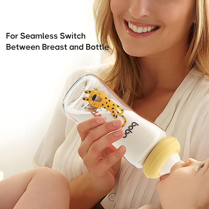 YOHKOH Natural Glass Baby Bottle with Natural Response Nipple, Newborn Anti-Colic Baby Bottles, Wide Neck Mushroom Cap Baby Bottle, Clear (8.8ounce (Pack of 4), Yellow2)