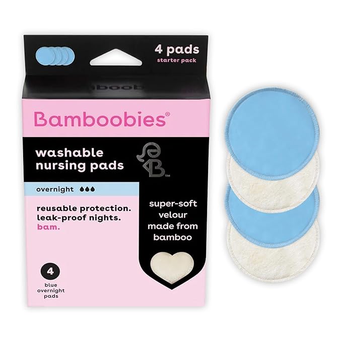 Bamboobies Overnight Nursing Pads, Ultra-Soft Velour, Reusable and Washable for Nightly Use, Leak-Proof Pads for Breastfeeding, 4 Pads