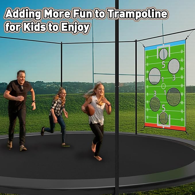 jumpfly Trampoline Football Game Accessories, Toss Throwing Target Net Fits 8 FT/10 FT/12 FT/14 FT Recreational Trampolines with Two Footballs - Trampoline Indoor Outdoor Party Games for Kids