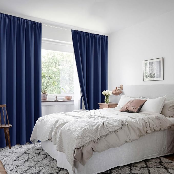 XWZO Full Shading Blackout Curtains 84 Inches Long with Tiebacks- Heat and Light Blocking Rod Pocket Window Drapes with Black Liner Backing for Bedroom/Kid's Room, Navy Blue, W52 x L84, Set of 2