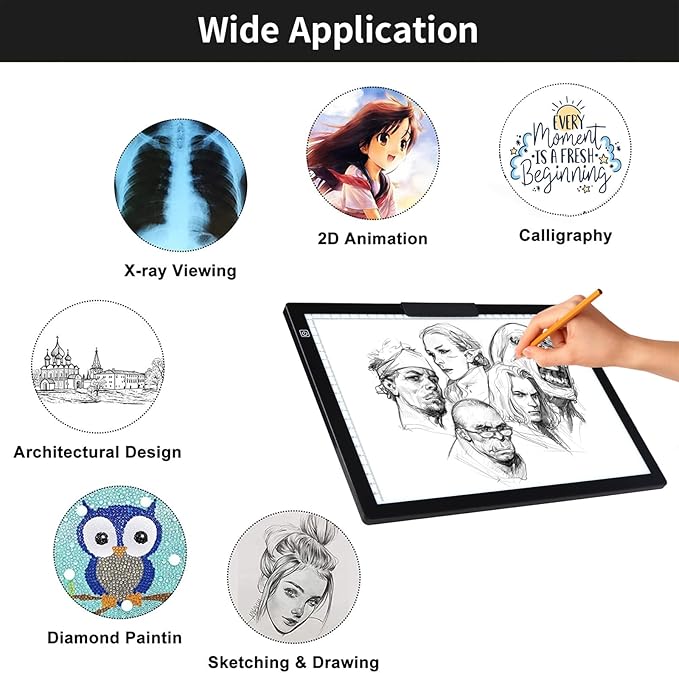 KOBAIBAN Wireless A4 Light Pad with Carry Bag, Innovative Stand, Top Clip, Stepless/ 6-Level Dimmable Brightness Rechargeable tracing Light Box/Board for Cricut Vinyl, Weeding Tool, Diamond Painting