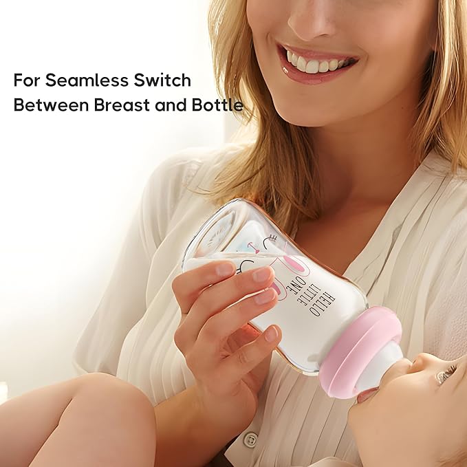 YOHKOH Natural Glass Baby Bottle with Natural Response Nipple, Newborn Anti-Colic Baby Bottles, Wide Neck Mushroom Cap Baby Bottle, Clear ((5.4oz (Pack of 2), Purple)